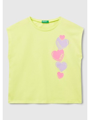 United Colors Of Benetton Kız Çocuk Sarı Grafik Baskılı Kısa Kollu T-Shirt