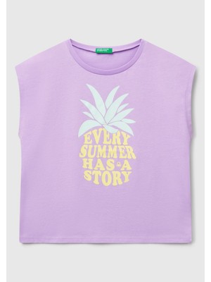 United Colors Of Benetton Kız Çocuk Sarı Grafik Baskılı Kısa Kollu T-Shirt