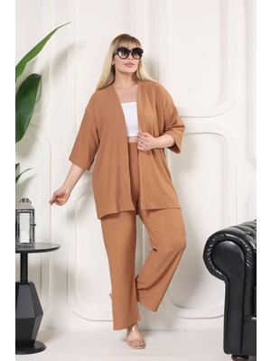 Şuranur Homewear Kimono Hırkalı 2li Alt Üst Takım Camel Renkli Günlük Kullanım İçin Oversize Şıklık ve Konfor
