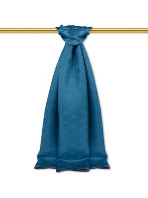 Petrol Mavi Zincir Monogram Desen Ipek Şal