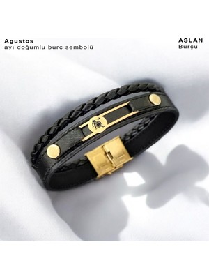 Altın Plakalı 14 Ayar Derili Erkeklere Özel Daireli Dikdörtgen Motifli Burç Bilekliği-418Burç-Siyah