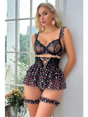 Parkbella Çiçek Desenli Dantel Detaylı Atlet Elbise Model Mini Gecelik Takımı