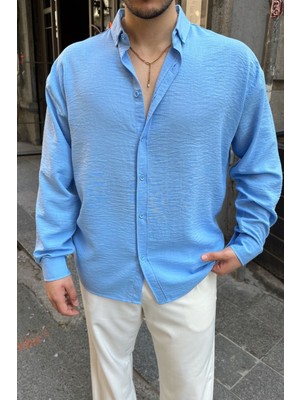 Livio Ferri Erkek Oversize Gömlek Mavi Renkli Günlük Stil Desenli 100% Polyester