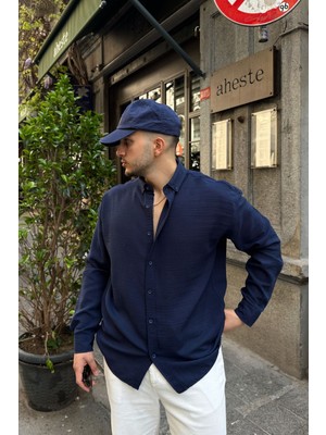 Livio Ferri Napas Erkek Oversize Gömlek Günlük Stil Düz Desenli Keten Görünümlü