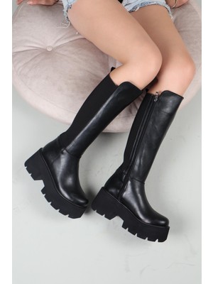 Fleur Yüksek Taban Lastikli Cilt Çizme Siyah