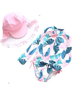 UPF50+ Kız Çocuk Mayo Beyaz Pembe Yeşil Yaprak Desen Kolay Giyilen Cool Mayo Şapka Set