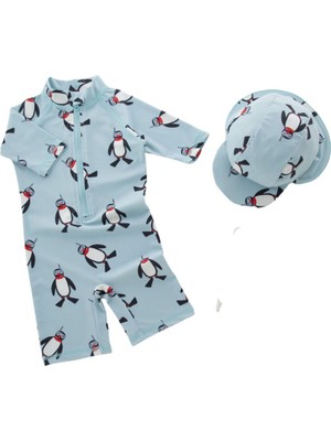Erkek Çocuk Mayo UPF50+ Güneş Korumalı Penguen  Desenli Şapka Mayo Set