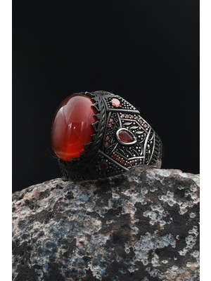 Akik Taşlı Zirkon Taş Süslemeli 925 Ayar Gümüş Erkek Yüzüğü 901730