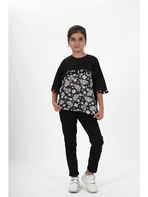 Kız Çocuk Süprem Kumaş Bisiklet Yaka Desenli Tshirt