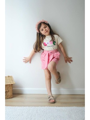 Cg Kids Nakışlı Love Alt Pembe Ince Kot Şort Kız Çocuk Alt Üst Takım