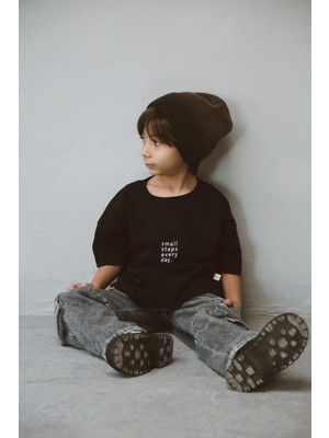 Siyah Bisiklet Yaka Oversize T-Shirt Bebek - Çocuk