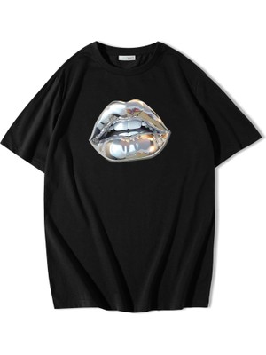 Brz Collection Unisex Oversize Silver Lip Gümüş Dudak T-Shirt Siyah