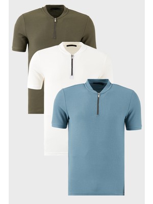 Buratti Pamuklu Regular Fit Yarım Fermuarlı Kolej Yaka 3'lü Paket T Shirt Erkek T Shirt 5902653S3