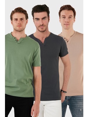 Buratti  Pamuklu Düğme Detaylı Slim Fit V Yaka 3'lü Paket T Shirt Erkek T Shirt 5902122S3