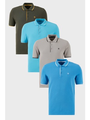 Buratti  Pamuklu Slim Fit Şerit Detaylı Düğmeli Polo Yaka 4'lü Paket T Shirt Erkek T Shirt 5902118S4