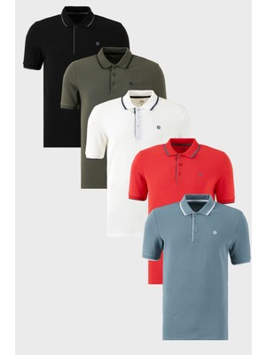 Buratti  Pamuklu Slim Fit Şerit Detaylı Düğmeli Polo Yaka 5'li Paket T Shirt Erkek T Shirt 5902118S5