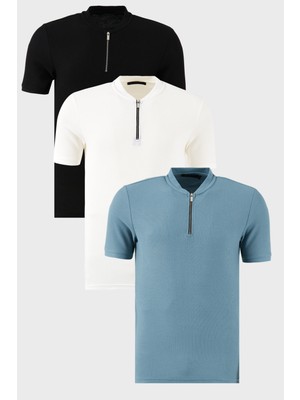 Buratti Pamuklu Regular Fit Yarım Fermuarlı Kolej Yaka 3'lü Paket T Shirt Erkek T Shirt 5902653S3