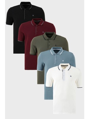 Buratti  Pamuklu Slim Fit Şerit Detaylı Düğmeli Polo Yaka 5'li Paket T Shirt Erkek T Shirt 5902118S5