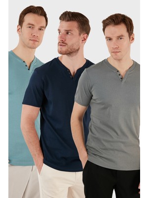 Buratti  Pamuklu Düğme Detaylı Slim Fit V Yaka 3'lü Paket T Shirt Erkek T Shirt 5902122S3