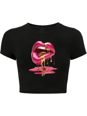 Brz Collection Kadın Casu Lip Dudak Baskılı Crop T-Shirt Siyah