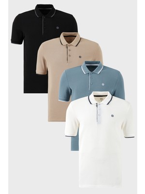 Buratti  Pamuklu Slim Fit Şerit Detaylı Düğmeli Polo Yaka 4'lü Paket T Shirt Erkek T Shirt 5902118S4