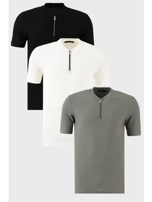 Buratti Pamuklu Regular Fit Yarım Fermuarlı Kolej Yaka 3'lü Paket T Shirt Erkek T Shirt 5902653S3