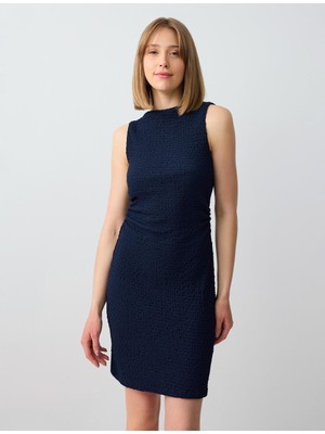 Jimmy Key Lacivert Dar Kesim Kayık Yaka Kolsuz Örme Mini Elbise