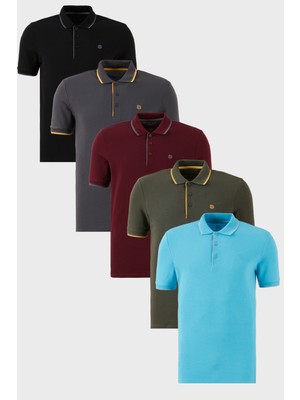 Buratti  Pamuklu Slim Fit Şerit Detaylı Düğmeli Polo Yaka 5'li Paket T Shirt Erkek T Shirt 5902118S5