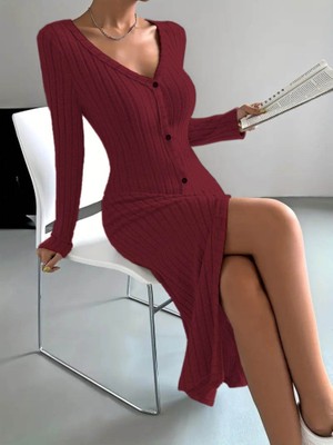 35AVM Kadın Uzun Kollu V Yakalı Önden Düğmeli Şardonlu Kaşkorse Elbise