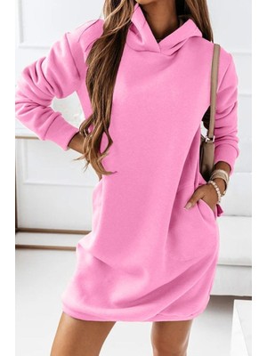 35AVM Kadın Uzun Kollu Kapşonlu Kısa Iki Iplik Elbise