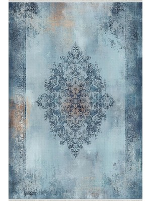 Vintage Mavi Salon Halısı – Oryantal Orta Motif, Yıkanabilir, Kaymaz, Bohem ve Klasik Tarza Uygun