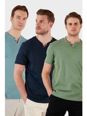 Buratti  Pamuklu Düğme Detaylı Slim Fit V Yaka 3'lü Paket T Shirt Erkek T Shirt 5902122S3