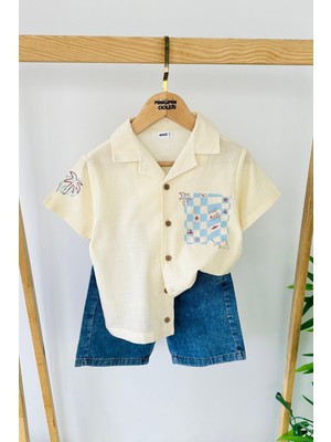 Miniğimin Cicileri Keten Palmiye Baskılı Kısa Kollu Erkek Çocuk Gömlekli Kot Şortlu takım - krem