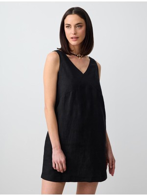 Jimmy Key Siyah V Yaka Kolsuz Mini Keten Elbise
