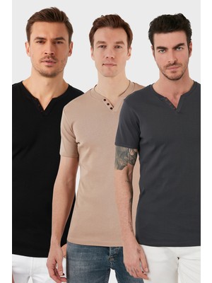 Buratti  Pamuklu Düğme Detaylı Slim Fit V Yaka 3'lü Paket T Shirt Erkek T Shirt 5902122S3