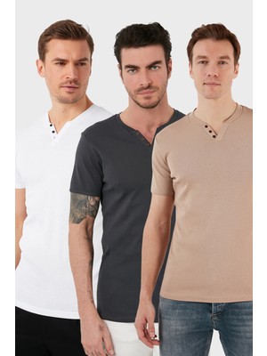 Buratti  Pamuklu Düğme Detaylı Slim Fit V Yaka 3'lü Paket T Shirt Erkek T Shirt 5902122S3