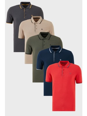 Buratti  Pamuklu Slim Fit Şerit Detaylı Düğmeli Polo Yaka 5'li Paket T Shirt Erkek T Shirt 5902118S5