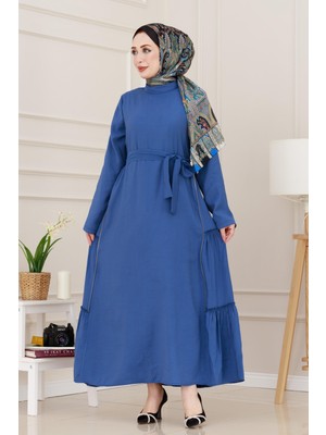 Yanı Fermuar Detaylı Tesettür Elbise-Indigo
