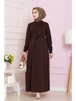 Beli Tünelli Iki Iplik Elbise-Kahverengi