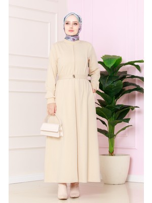 Pile Detaylı Elbise -Bej