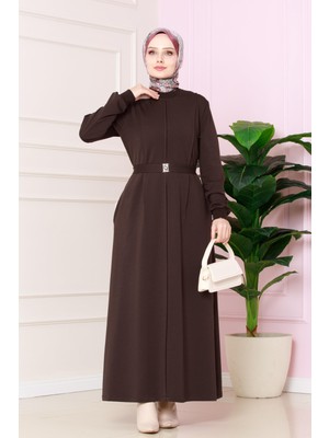 Pile Detaylı Elbise -Kahverengi