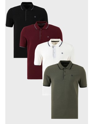 Buratti  Pamuklu Slim Fit Şerit Detaylı Düğmeli Polo Yaka 4'lü Paket T Shirt Erkek T Shirt 5902118S4