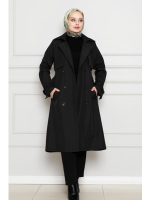 Kolu Kemer Detaylı Trençkot-Siyah