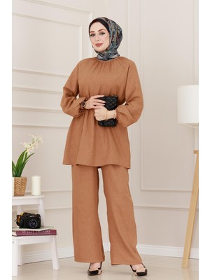 Kolu Lastikli Beli Bağcıklı Nisa Takım-Camel
