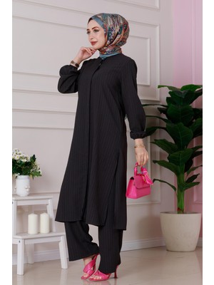 Yırtmaç Detaylı Tunik Pantolon Takım-Siyah