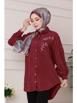 Önü Inci Taş Işlemeli Tunik-Bordo