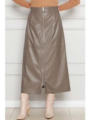 Önü Fermuar Detaylı Deri Etek-Vizon