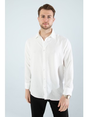 Mevsimlik Keten Dokulu Bol Kalıp Uzun Kollu Oversize Erkek Gömlek
