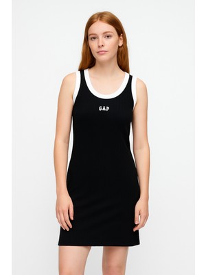 Kadın Siyah Logo Fitilli Tank Mini Elbise