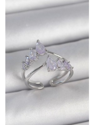 Pirinç Gümüş Renk Mor Damla Zirkon Taşlı Taç Model Kadın Yüzük